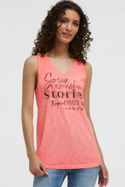 Top mit V-Ausschnitt und Glitter Print neon flame