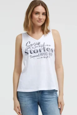 Top mit V-Ausschnitt und Glitter Print opticwhite