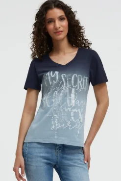 T-Shirt Dip Dye mit V-Ausschnitt und Label Print blue navy
