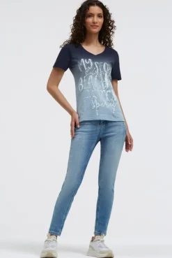 T-Shirt Dip Dye mit V-Ausschnitt und Label Print blue navy
