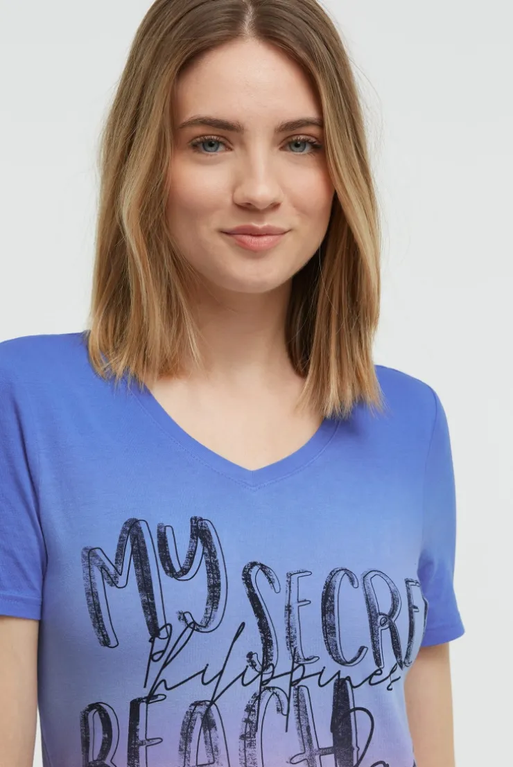 T-Shirt Dip Dye mit V-Ausschnitt und Label Print vividblue