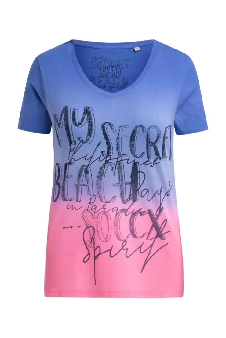 T-Shirt Dip Dye mit V-Ausschnitt und Label Print vividblue