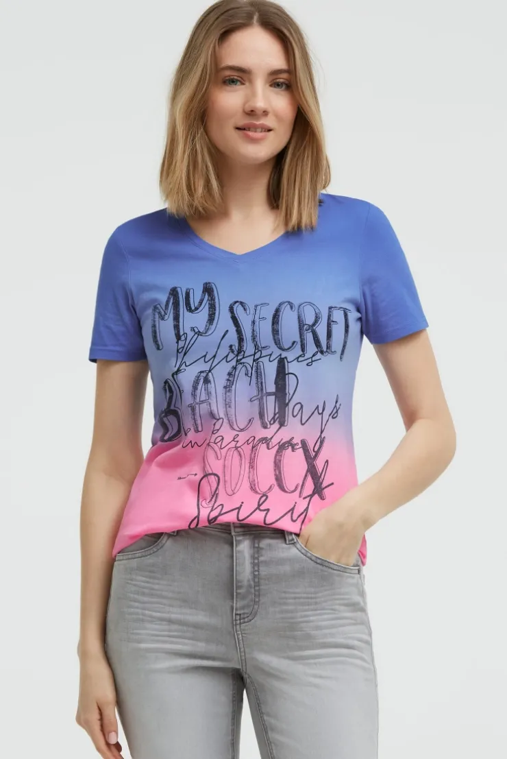 T-Shirt Dip Dye mit V-Ausschnitt und Label Print vividblue