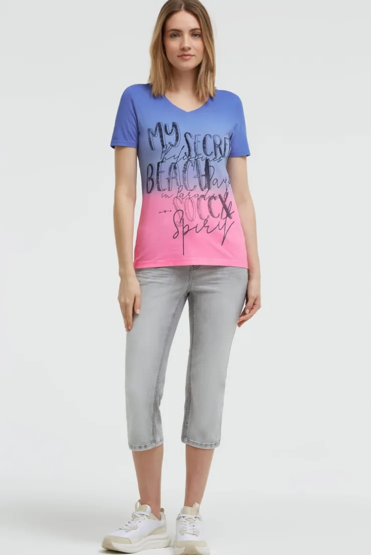 T-Shirt Dip Dye mit V-Ausschnitt und Label Print vividblue