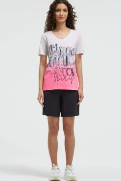 T-Shirt Dip Dye mit V-Ausschnitt und Label Print neon pink