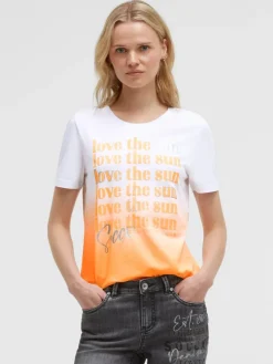 T-Shirt Dip Dye mit Wording Print neon apricot
