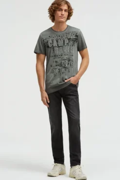 T-Shirt im Used Look mit Logo-Applikationen dusty green | S
