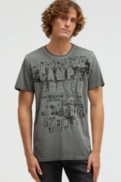 T-Shirt im Used Look mit Logo-Applikationen dusty green | S