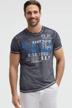 T-Shirt mit Ausbrenner-Streifen und Prints blue navy