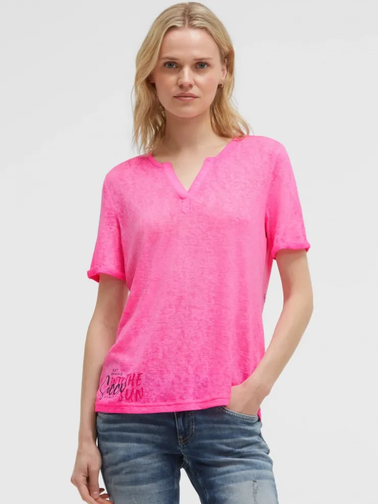 T-Shirt mit Leinen-Optik und Rückenprint vivid pink