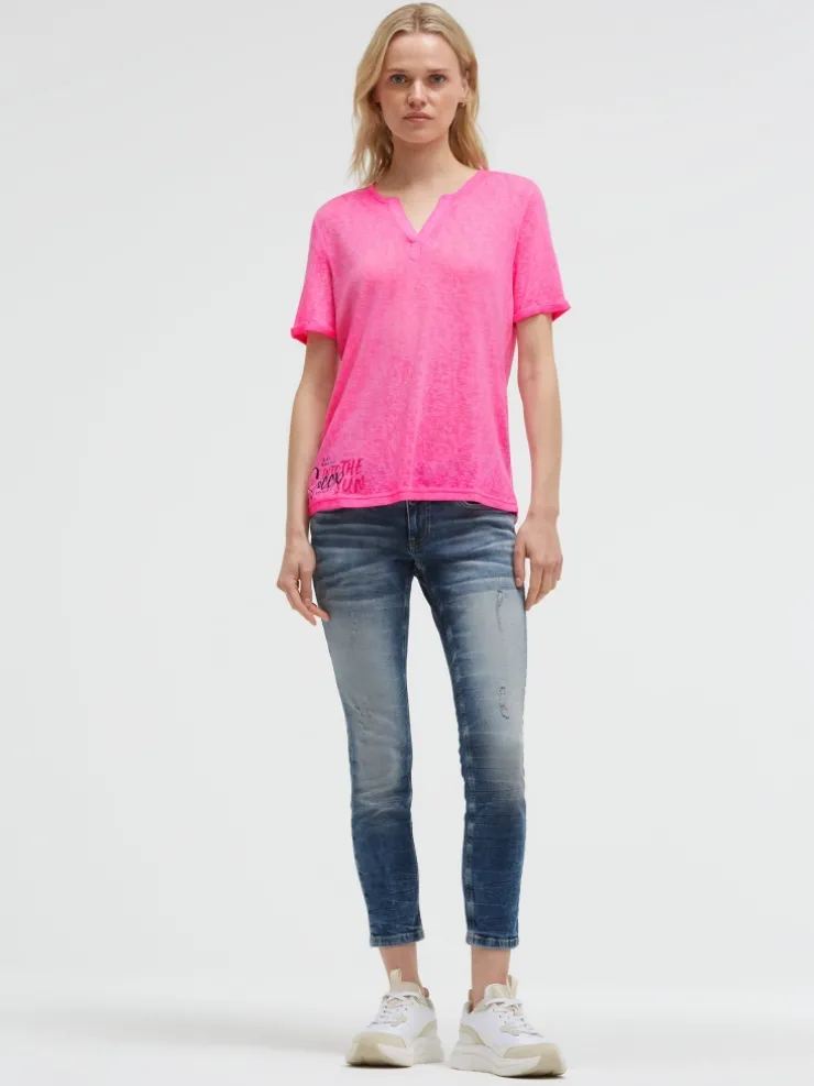 T-Shirt mit Leinen-Optik und Rückenprint vivid pink