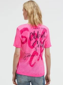 T-Shirt mit Leinen-Optik und Rückenprint vivid pink