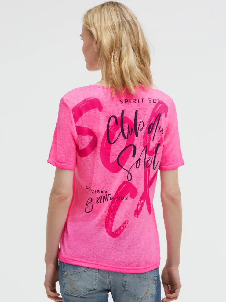 T-Shirt mit Leinen-Optik und Rückenprint vivid pink