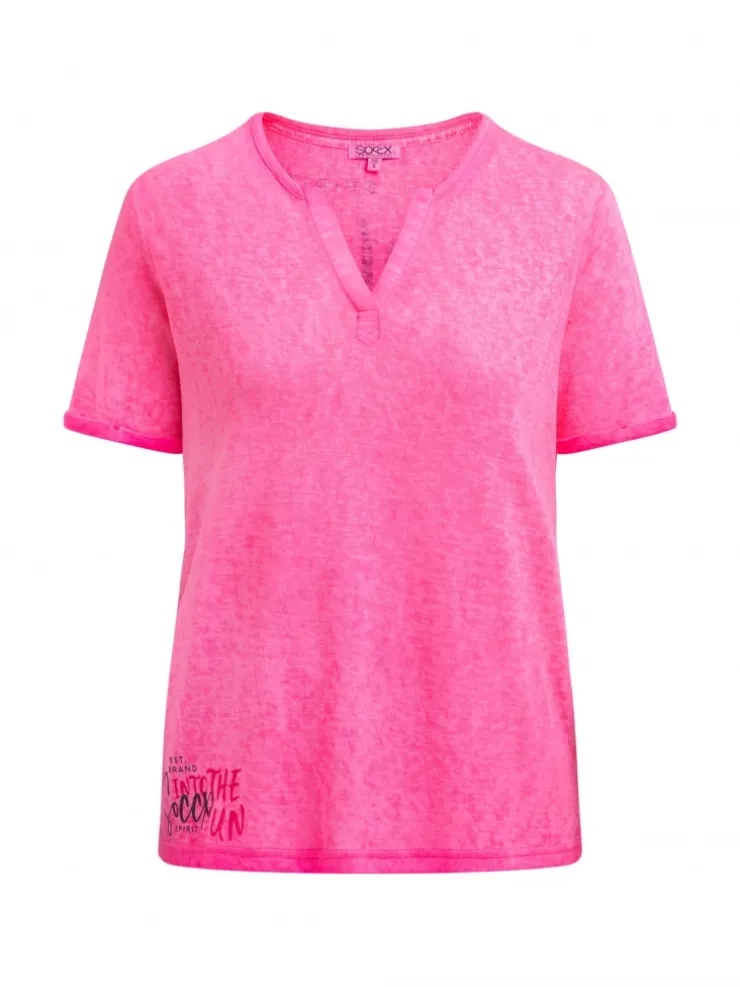 T-Shirt mit Leinen-Optik und Rückenprint vivid pink