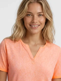 T-Shirt mit Leinen-Optik und Rückenprint neon apricot