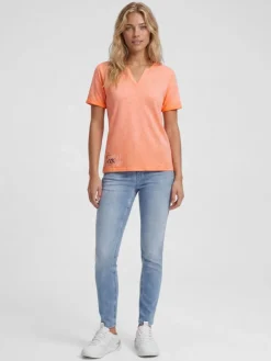 T-Shirt mit Leinen-Optik und Rückenprint neon apricot
