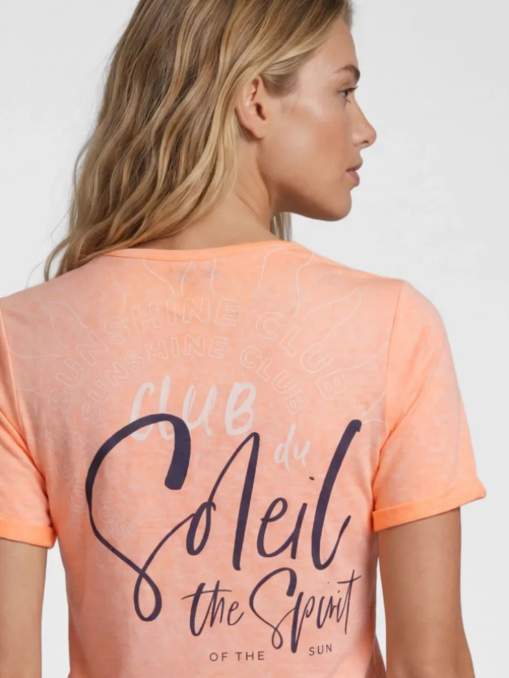 T-Shirt mit Leinen-Optik und Rückenprint neon apricot