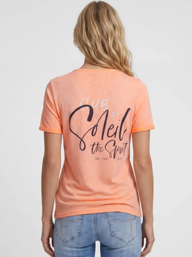 T-Shirt mit Leinen-Optik und Rückenprint neon apricot