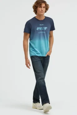 T-Shirt mit Strukturstreifen und Rücken-Artwork aqua