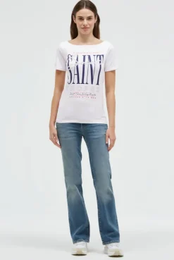 T-Shirt mit U-Boot-Ausschnitt und Artwork opticwhite