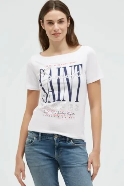 T-Shirt mit U-Boot-Ausschnitt und Artwork opticwhite