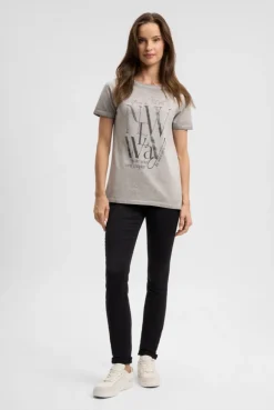 T-Shirt mit U-Boot-Ausschnitt und Artwork fresh grey