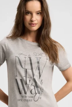 T-Shirt mit U-Boot-Ausschnitt und Artwork fresh grey