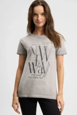 T-Shirt mit U-Boot-Ausschnitt und Artwork fresh grey