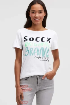 T-Shirt mit U-Boot-Ausschnitt und Print opticwhite