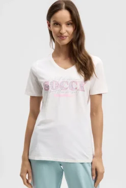 T-Shirt mit V-Ausschnitt und Artwork ivory