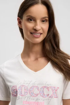 T-Shirt mit V-Ausschnitt und Artwork ivory