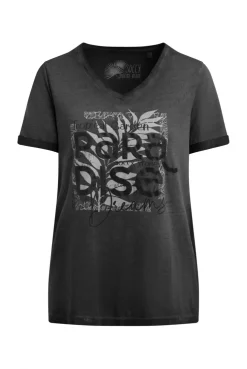 T-Shirt mit V-Ausschnitt und Glitter-Puffprint black