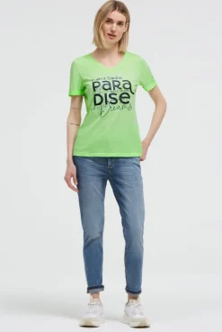 T-Shirt mit V-Ausschnitt und Glitter-Puffprint neon green