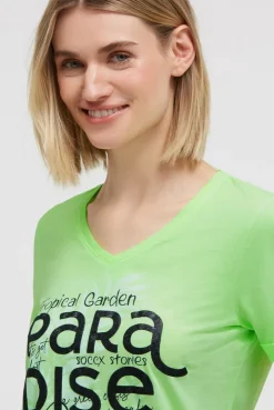 T-Shirt mit V-Ausschnitt und Glitter-Puffprint neon green