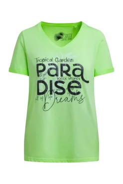 T-Shirt mit V-Ausschnitt und Glitter-Puffprint neon green