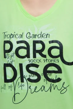 T-Shirt mit V-Ausschnitt und Glitter-Puffprint neon green