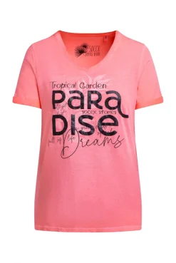 T-Shirt mit V-Ausschnitt und Glitter-Puffprint neon flame