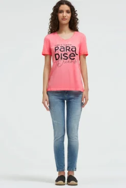 T-Shirt mit V-Ausschnitt und Glitter-Puffprint neon flame