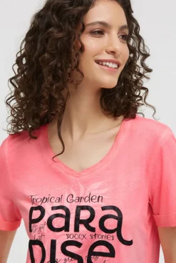 T-Shirt mit V-Ausschnitt und Glitter-Puffprint neon flame