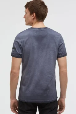 T-Shirt mit V-Cut und Used Print blue grey