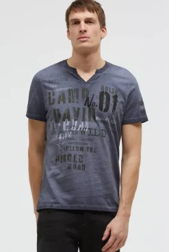 T-Shirt mit V-Cut und Used Print blue grey