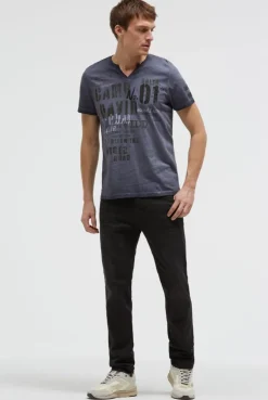 T-Shirt mit V-Cut und Used Print blue grey
