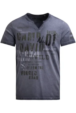 T-Shirt mit V-Cut und Used Print blue grey