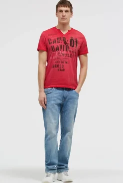 T-Shirt mit V-Cut und Used Print red orange