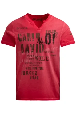 T-Shirt mit V-Cut und Used Print red orange