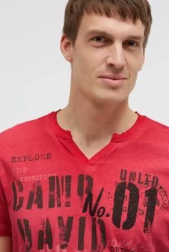 T-Shirt mit V-Cut und Used Print red orange