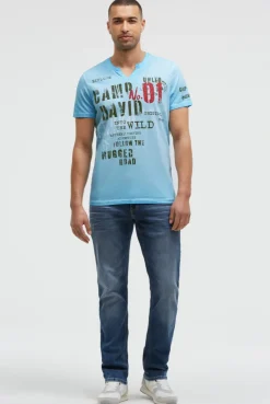 T-Shirt mit V-Cut und Used Print summer aqua