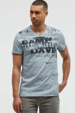 T-Shirt mit V-Neck im Vintage Look silver blue | S