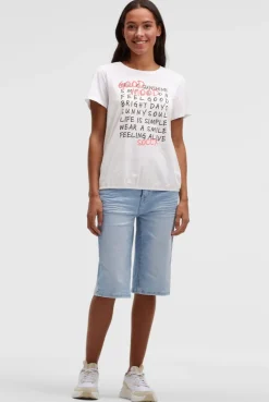 T-Shirt mit Wording Print und Elastiksaum opticwhite
