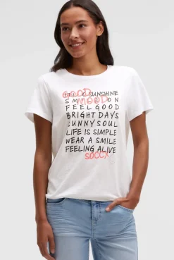 T-Shirt mit Wording Print und Elastiksaum opticwhite